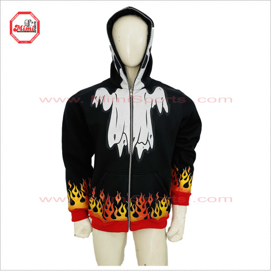 Full Zipup Hoodies black with Fire Flames on Cuff and Bottom Front and back face printed Best Selling Hoody - 2001