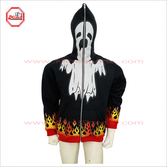 Full Zipup Hoodies black with Fire Flames on Cuff and Bottom Front and back face printed Best Selling Hoody - 2001