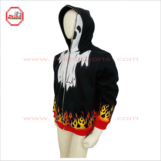 Full Zipup Hoodies black with Fire Flames on Cuff and Bottom Front and back face printed Best Selling Hoody - 2001