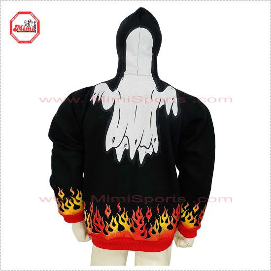 Full Zipup Hoodies black with Fire Flames on Cuff and Bottom Front and back face printed Best Selling Hoody - 2001