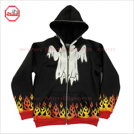 Full Zipup Hoodies black with Fire Flames on Cuff and Bottom Front and back face printed Best Selling Hoody - 2001