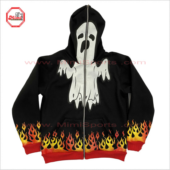 Full Zipup Hoodies black with Fire Flames on Cuff and Bottom Front and back face printed Best Selling Hoody - 2001