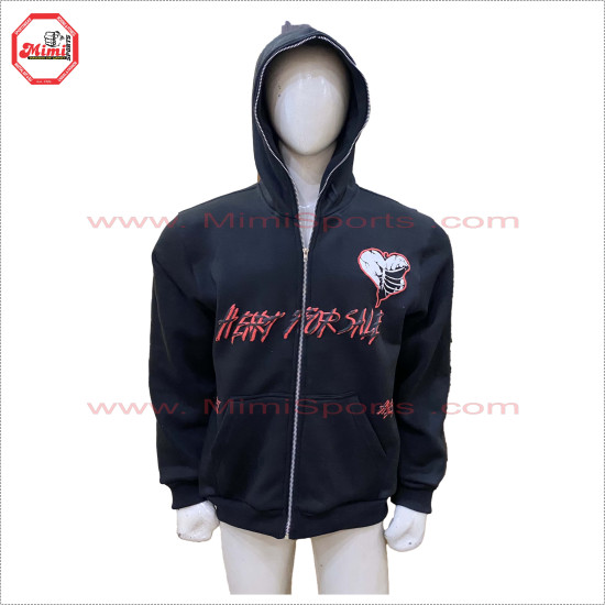 Full Face Zipper Hoodie in Black with Red and White Puff Printing Low Price Low MOQ - 2026