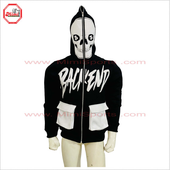 Full Face Zipup black Hoodie with Cargo Box Pockets Metal Silver Zipper black and white contrast - 2031