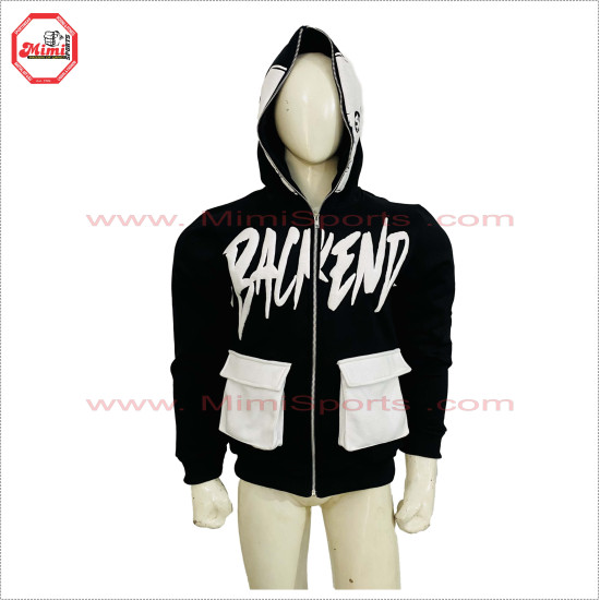 Full Face Zipup black Hoodie with Cargo Box Pockets Metal Silver Zipper black and white contrast - 2031