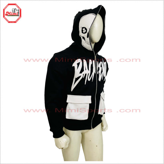 Full Face Zipup black Hoodie with Cargo Box Pockets Metal Silver Zipper black and white contrast - 2031