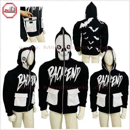 Full Face Zipup black Hoodie with Cargo Box Pockets Metal Silver Zipper black and white contrast - 2031