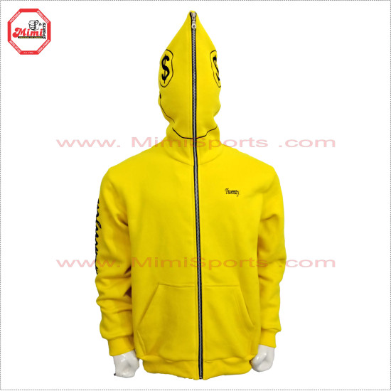 Full Face Zipup Fleece Cotton Hoodies in Yellow color with Puff Printed Design, Embroidery and Silver Metal Zipper - 2019