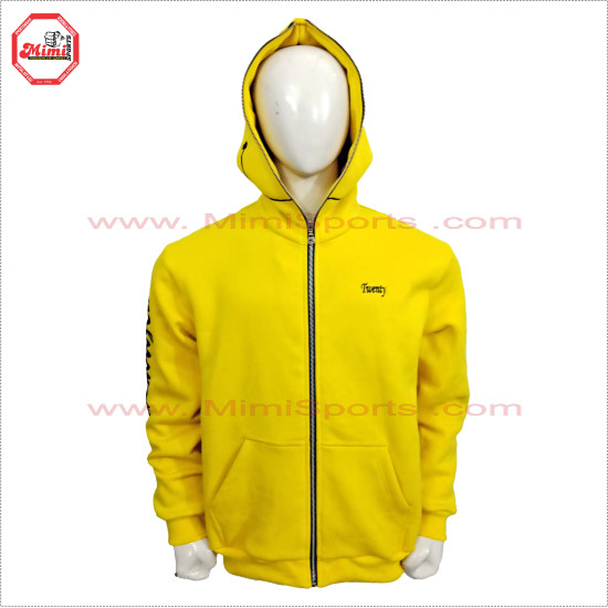 Full Face Zipup Fleece Cotton Hoodies in Yellow color with Puff Printed Design, Embroidery and Silver Metal Zipper - 2019