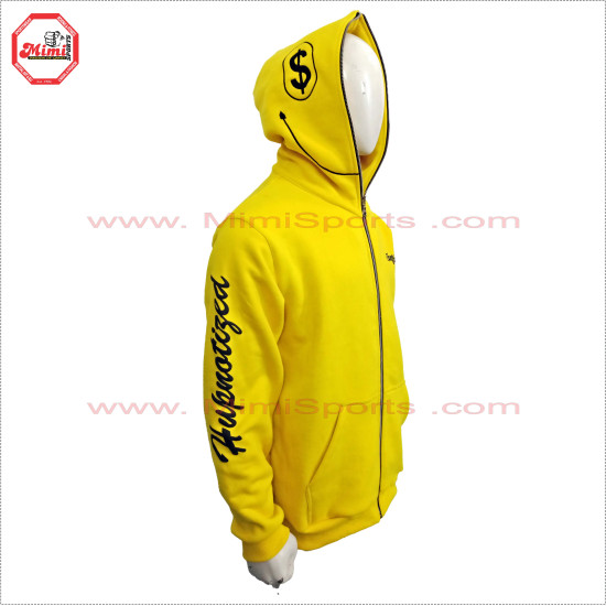 Full Face Zipup Fleece Cotton Hoodies in Yellow color with Puff Printed Design, Embroidery and Silver Metal Zipper - 2019