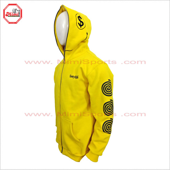 Full Face Zipup Fleece Cotton Hoodies in Yellow color with Puff Printed Design, Embroidery and Silver Metal Zipper - 2019