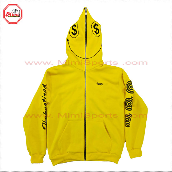 Full Face Zipup Fleece Cotton Hoodies in Yellow color with Puff Printed Design, Embroidery and Silver Metal Zipper - 2019