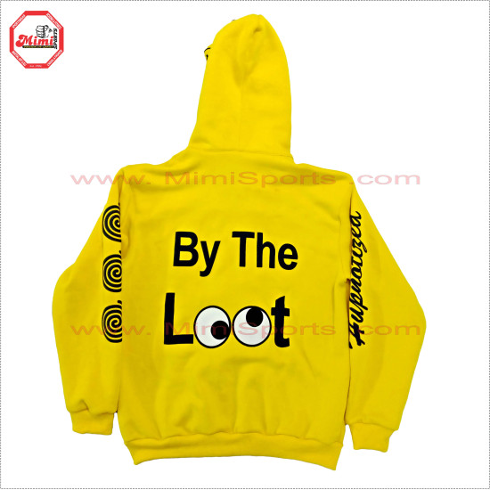 Full Face Zipup Fleece Cotton Hoodies in Yellow color with Puff Printed Design, Embroidery and Silver Metal Zipper - 2019