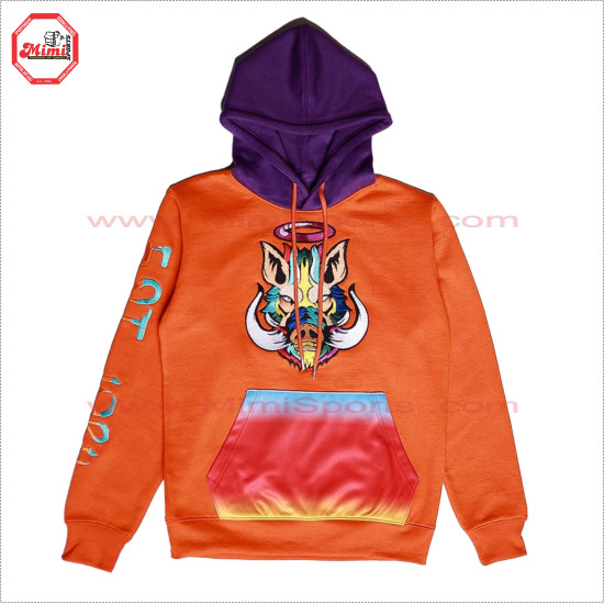 Pull Over Hoodie in Orange Color with Purple Hoodie and sublimation Printed Thermal Pocket on Front and Embroidery logos Low Price , Low MOQ - 2023