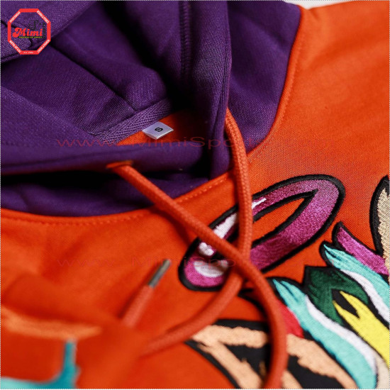 Pull Over Hoodie in Orange Color with Purple Hoodie and sublimation Printed Thermal Pocket on Front and Embroidery logos Low Price , Low MOQ - 2023