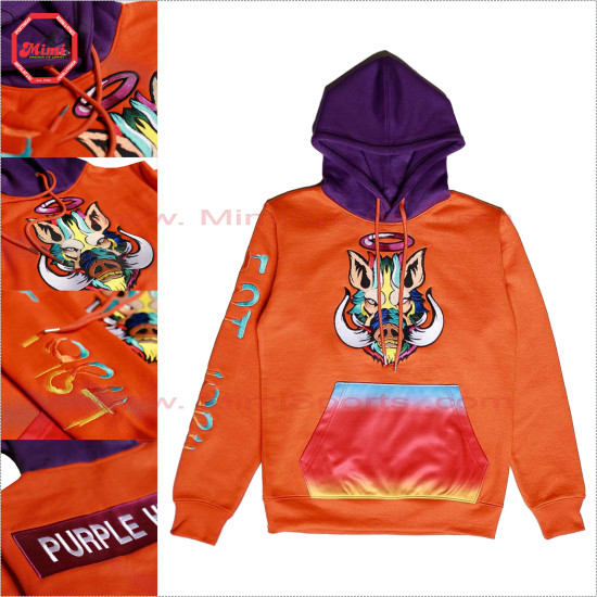 Pull Over Hoodie in Orange Color with Purple Hoodie and sublimation Printed Thermal Pocket on Front and Embroidery logos Low Price , Low MOQ - 2023