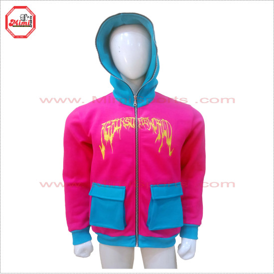 Full Face Zipup Hoodie in Magenta Pink and Carolina Blue Contrast with Box Cargo Pockets on Front Low Price , Low MOQ - 2024