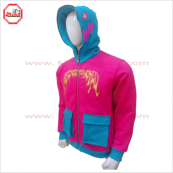 Full Face Zipup Hoodie in Magenta Pink and Carolina Blue Contrast with Box Cargo Pockets on Front Low Price , Low MOQ - 2024