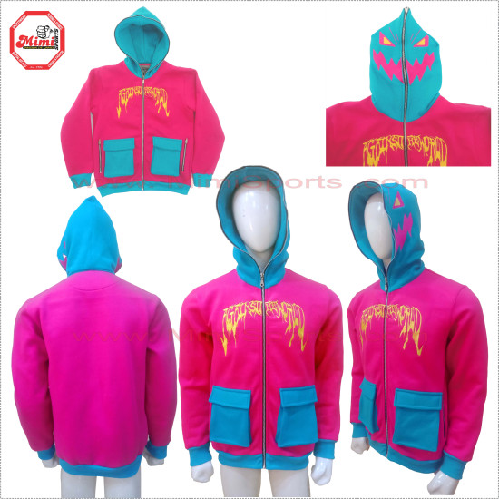 Full Face Zipup Hoodie in Magenta Pink and Carolina Blue Contrast with Box Cargo Pockets on Front Low Price , Low MOQ - 2024