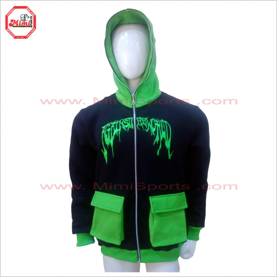 Full Face Zipup Hoodie in Black and Parrot Green Contrast with Box Cargo Pockets on Front  Embroidery design Low Price , Low MOQ - 2025