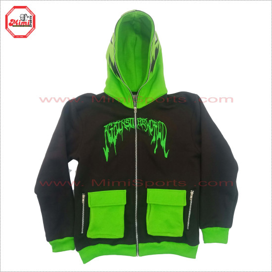 Full Face Zipup Hoodie in Black and Parrot Green Contrast with Box Cargo Pockets on Front  Embroidery design Low Price , Low MOQ - 2025