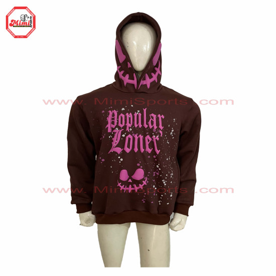 Best Selling Low Price Brown Pull Over Hoodie with Puff Printed on Front Back and Sleeves -2006