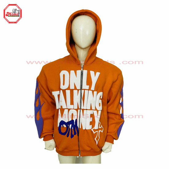 best Selling Hoodie Orange Zipup hoodie with Puff Printing on Front with your custom designs silver zipper-2011