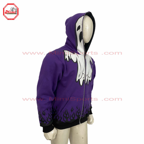 Full Zipup Hoodies Purple with Fire Flames on Cuff and Bottom Front and back face printed Best Selling Hoody-2002