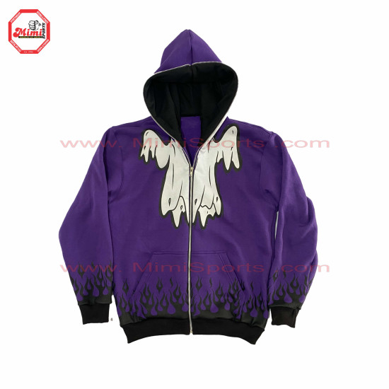 Full Zipup Hoodies Purple with Fire Flames on Cuff and Bottom Front and back face printed Best Selling Hoody-2002