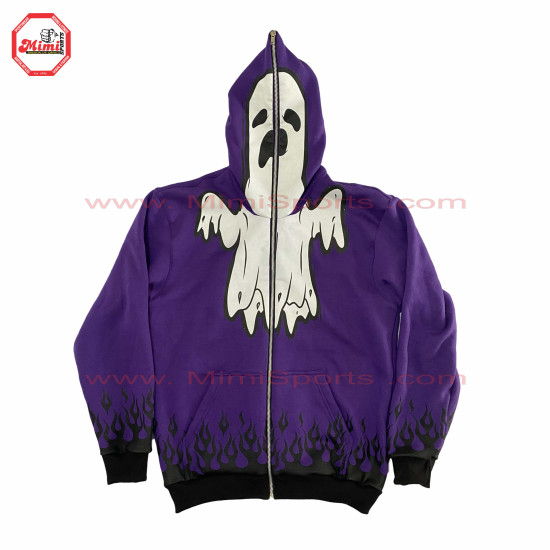 Full Zipup Hoodies Purple with Fire Flames on Cuff and Bottom Front and back face printed Best Selling Hoody-2002