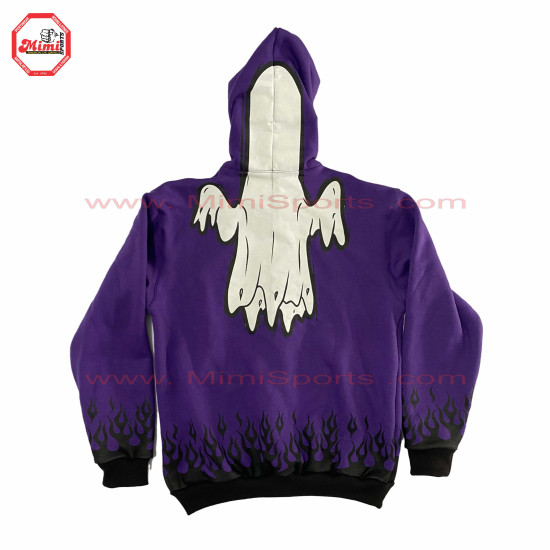 Full Zipup Hoodies Purple with Fire Flames on Cuff and Bottom Front and back face printed Best Selling Hoody-2002