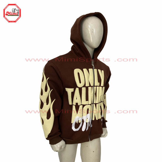 best Selling Hoodie Brown Zipup hoodie with off white Puff Printing on Front with your custom designs silver zipper-2012