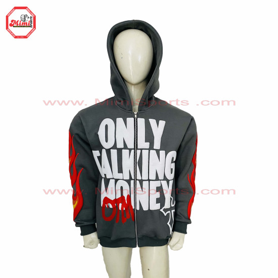 best Selling Hoodie Silver Grey Zipup hoodie with Puff Printing on Front with your custom designs silver zipper-2013