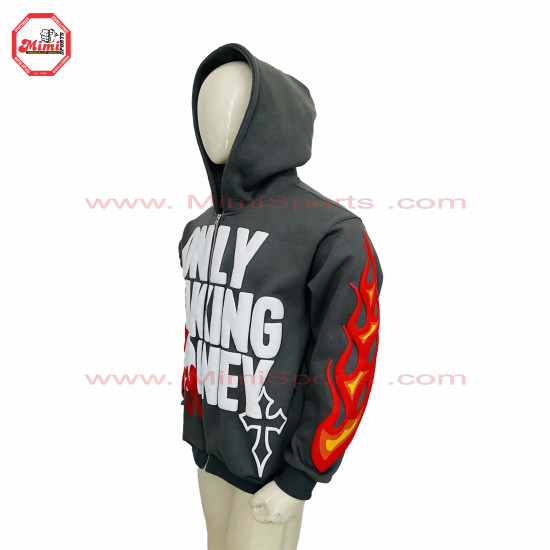 best Selling Hoodie Silver Grey Zipup hoodie with Puff Printing on Front with your custom designs silver zipper-2013