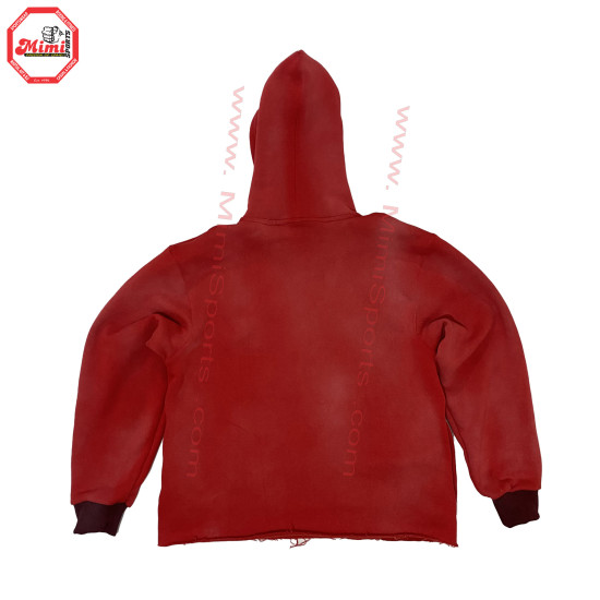 100% Cotton Fleece french terry Sweat Suit Red Burgundy Pull over hoodie with Flared Sweat Pants Embroidery Logo on Front Distressed Sun Faded Wash Vintage Wash -1019