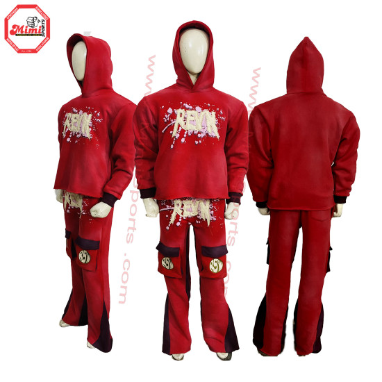 100% Cotton Fleece french terry Sweat Suit Red Burgundy Pull over hoodie with Flared Sweat Pants Embroidery Logo on Front Distressed Sun Faded Wash Vintage Wash -1019