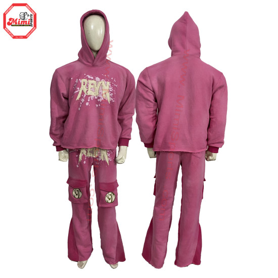100% Cotton Fleece french terry Sweat Suit Baby pink Shocking Pink Magenta Pull over hoodie with Flared Sweat Pants Embroidery Logo on Front Distressed Sun Faded Wash Vintage Wash -1015