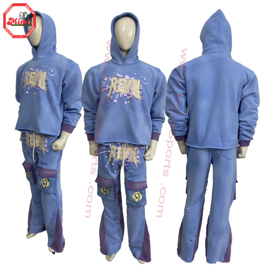 100% Cotton Fleece french terry Sweat Suit Baby Blue with Purple Contrast Pull over Cropped hoodie with Flared Sweat Pants Embroidery Logo on Front Distressed Sun Faded Wash Vintage Wash -1018