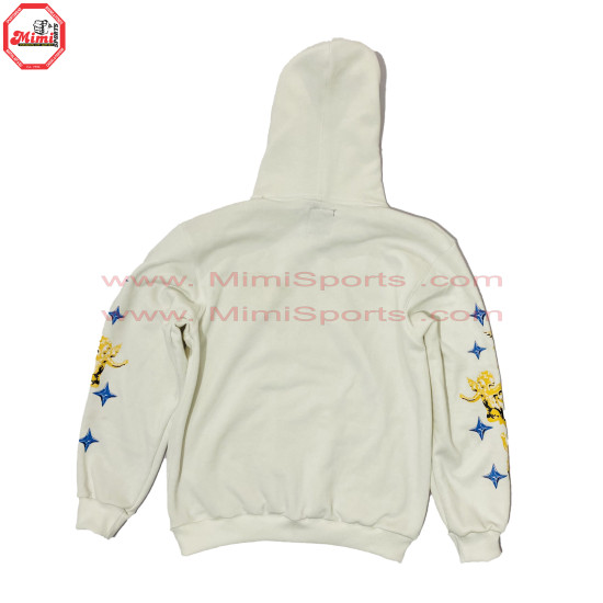 100% Cotton Fleece Sweat Suit White Pull over hoodie with Flared Sweat Pants Embroidery Logo on Front Distressed Sun Faded Wash Vintage Wash -1010