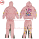 100% Cotton Fleece french terry Sweat Suit Baby Pink Pull over hoodie with Flared Sweat Pants Embroidery Logo on Front Distressed Sun Faded Wash Vintage Wash -1012