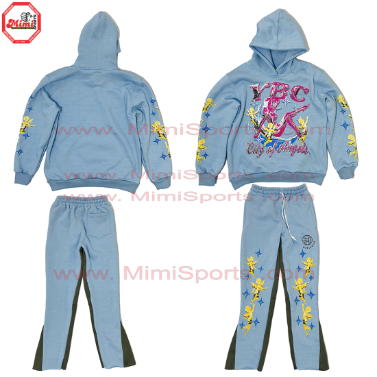100% Cotton Fleece french terry Sweat Suit Baby Blue Pull over hoodie with Flared Sweat Pants Embroidery Logo on Front Distressed Sun Faded Wash Vintage Wash -1013