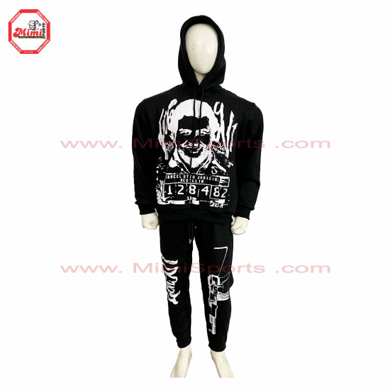 Black Pull Over Sweat Suit with Elasticated Sweat Pant with your Custom Logo Printed, Embroidery Chenille Patches - 1005