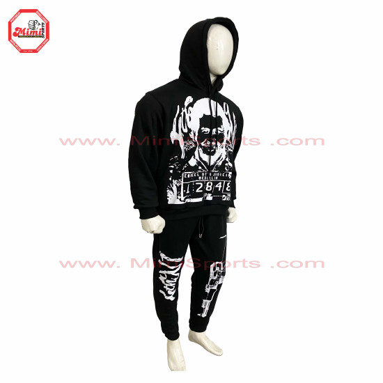 Black Pull Over Sweat Suit with Elasticated Sweat Pant with your Custom Logo Printed, Embroidery Chenille Patches - 1005