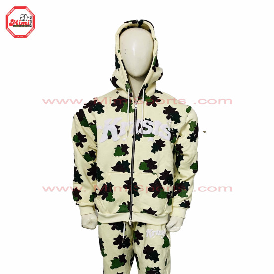 Sweat Off White with Custom Camouflage green colors contrast with Puff Printing and Silver Metal Zipper -1003