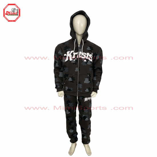 Sweat Suit Dark Grey Camo with Custom Camouflage green colors contrast with Puff Printing and Silver Metal Zipper - 1008