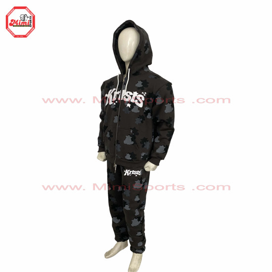 Sweat Suit Dark Grey Camo with Custom Camouflage green colors contrast with Puff Printing and Silver Metal Zipper - 1008