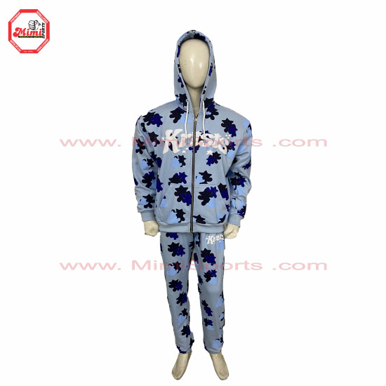 Sweat Suit Light Blue Camo with Custom Camouflage green colors contrast with Puff Printing and Silver Metal Zipper -1006