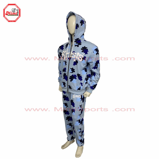 Sweat Suit Light Blue Camo with Custom Camouflage green colors contrast with Puff Printing and Silver Metal Zipper -1006