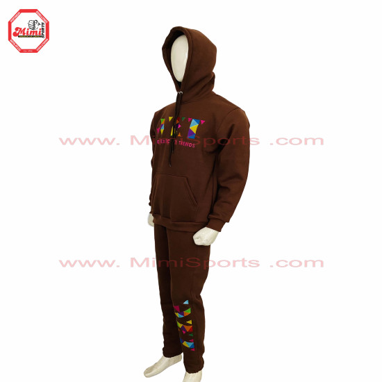 100% Cotton Fleece Sweat Suit Dark Brown Pull over hoodie with Sweat Pants Embroidery Logo on Front-1002