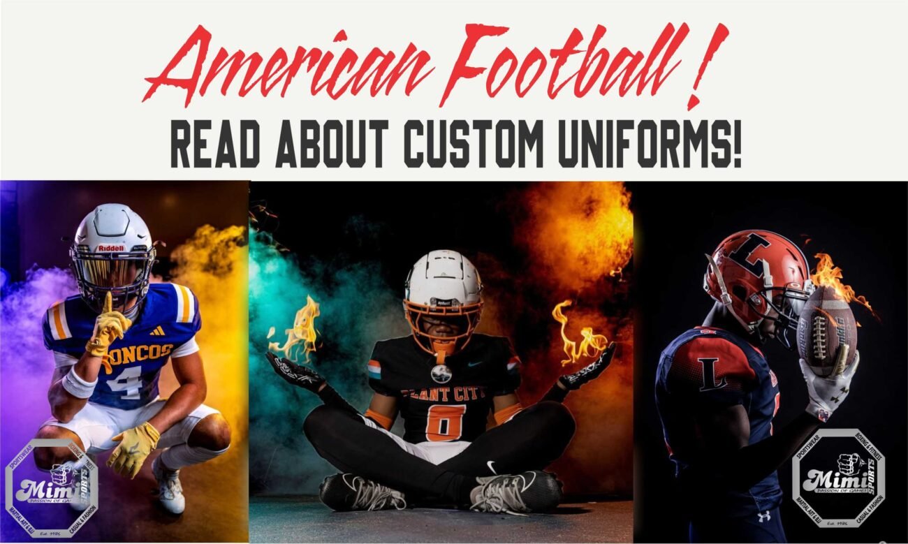MimiSports USA custom American football uniforms featuring heavy-duty dazzle fabric, integrated padding, and sublimated team logos. Manufactured by a United States-based supplier.